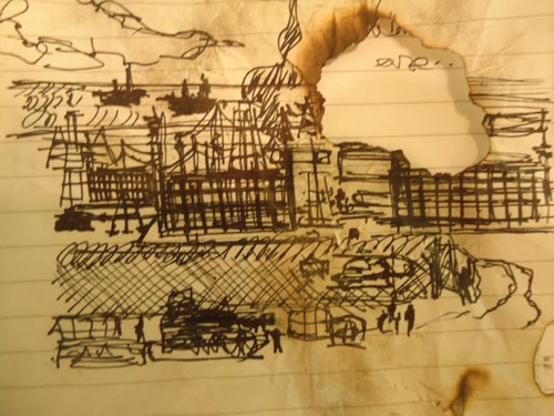 Digital copy of the author's drawing of the oil refinery at Corpus Christi
